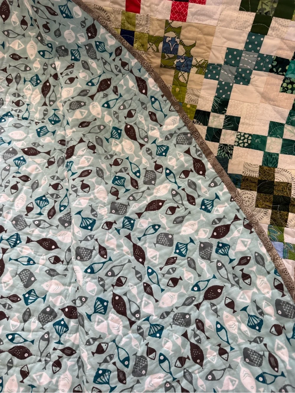 Handmade nautical Multi-Color Patchwork throw Quilt Fish Print Backing